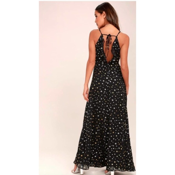 Lulu's Galactic Goddess Metallic Star Print Maxi Dress Size Small - Picture 2 of 7